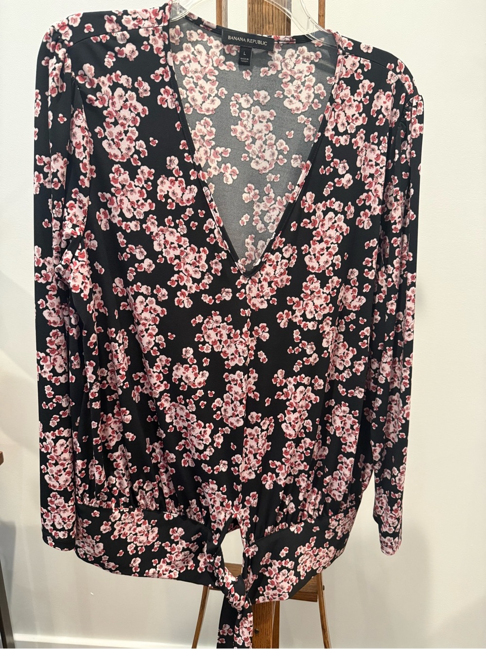 Banana Republic Black Top with Pink Floral Tie-Front V-Neck